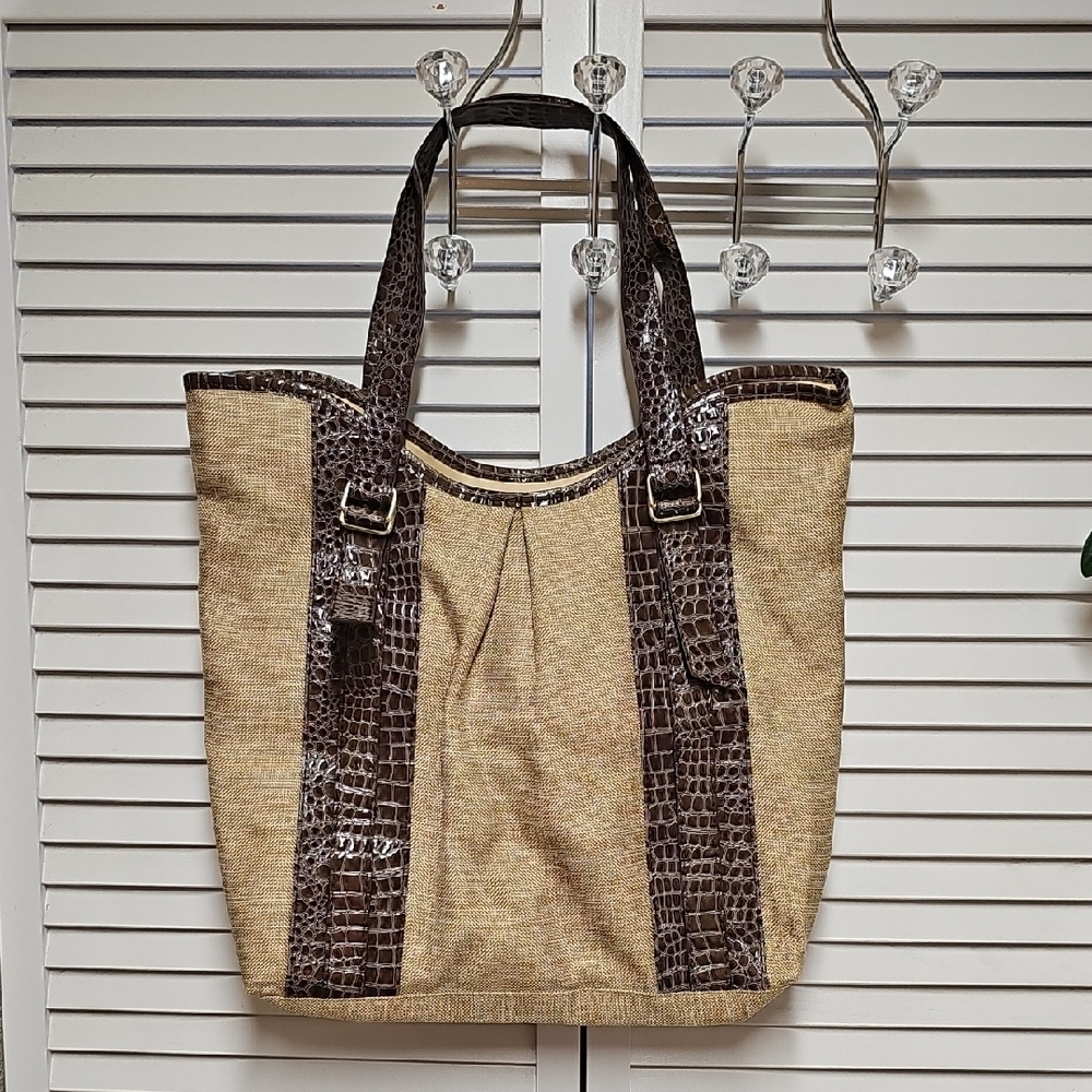 Vintage Estee Lauder Beige Canvas Tote with Brown Croc-Embossed Trim